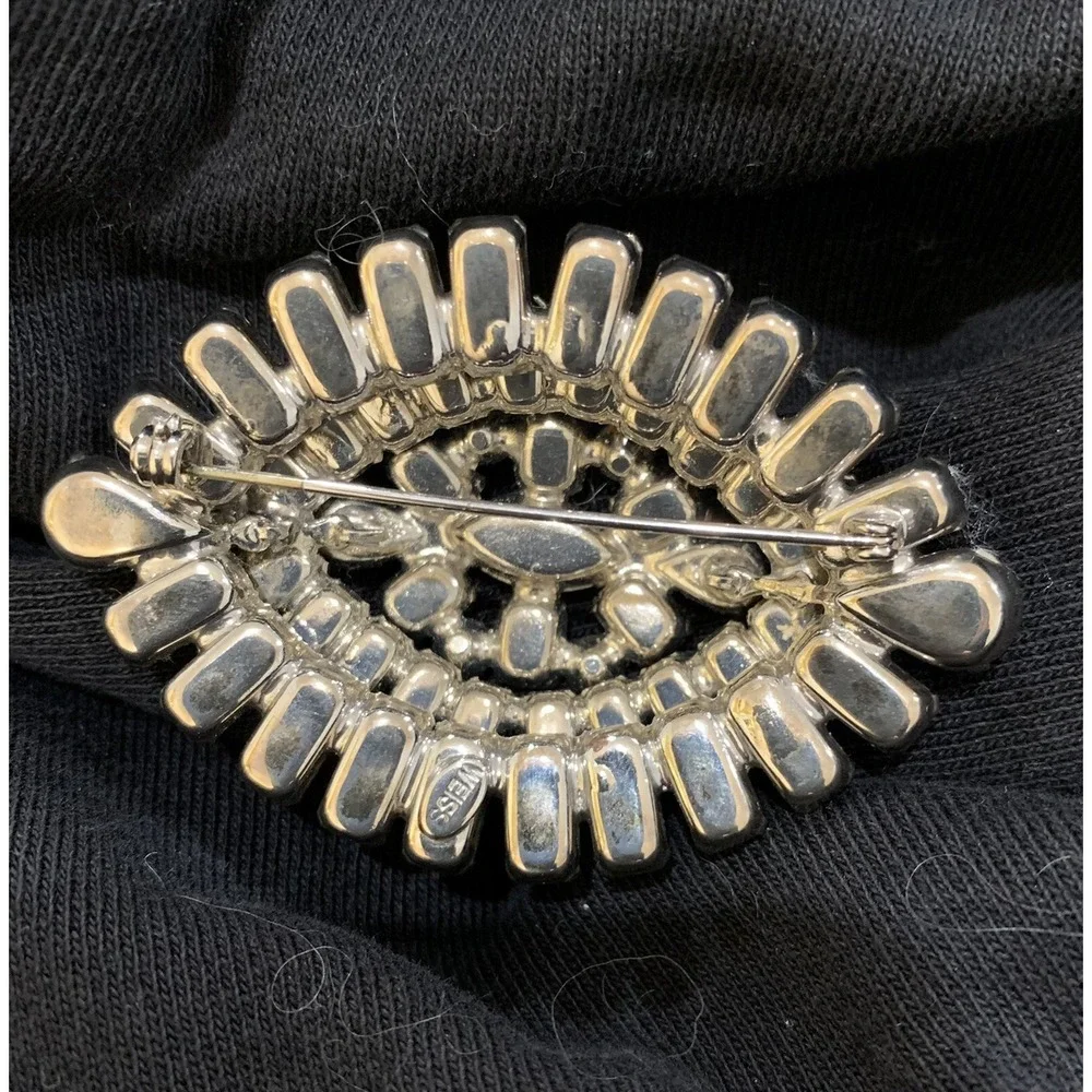 WEISS Crystal Faceted Marquis Shaped Brooch With Emerald, Pear & Baquette Stones
